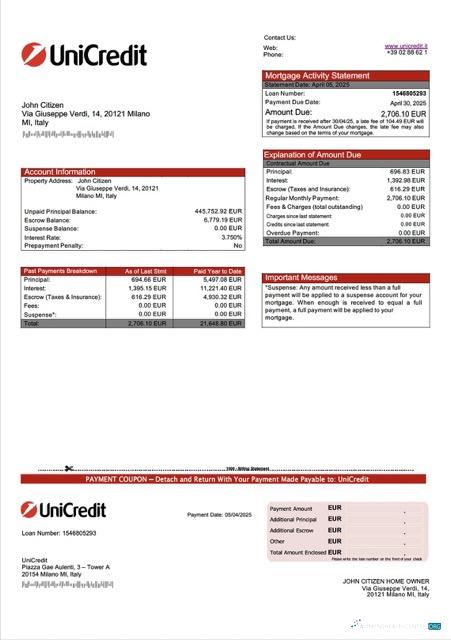 Download Italy UniCredit mortgage statement Word and PDF template Photoshop template